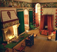 an elaborately decorated living room with green and red curtains on the windowsills