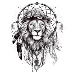 a black and white drawing of a lion with roses on it's head, surrounded by feathers