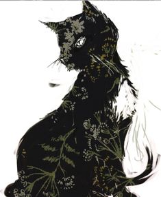 a drawing of a black cat with green leaves on it's tail and eyes