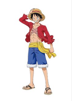 an anime character wearing blue shorts and a red shirt with his hand on his head