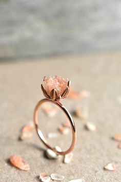 a close up of a ring on the ground with shells around it and petals scattered about