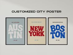 three framed posters with the words new york, boston and nyc on them in different colors