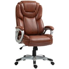 a brown leather office chair with chrome base and armrests on an isolated white background