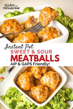 an image of meatballs and broccoli in a bowl with the title instant pot sweet & sour meatballs