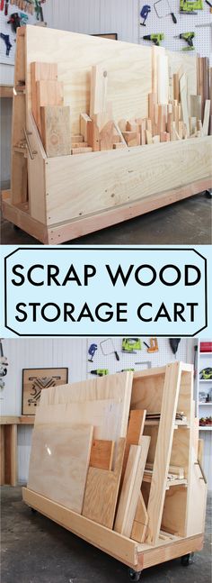 a wooden storage cart is shown with the words scrapwood storage cart on top and bottom