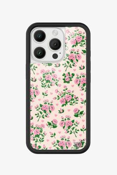 an iphone case with pink roses and green leaves on the front, against a white background