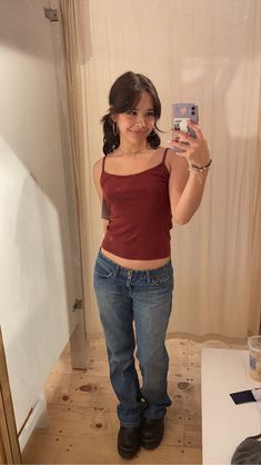 Red Cami Top Outfit, Red Tank Top Outfit Jeans, Red Top With Jeans Outfit, Red Tank Outfit, Cami Tank Top Outfits, Red Cami Outfit, Teal Shirt Outfits, Jeans And Tank Top Outfit, Red Tank Top Outfit