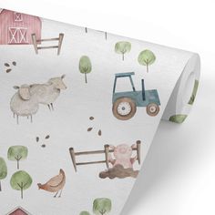 a farm scene with sheep, lambs and barn animals on white background wallpaper