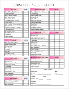 the house keeping checklist is shown in pink