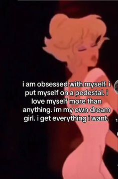 an animated image of a woman in a pink dress with the caption i am obsesed with myself