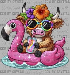 a cow wearing sunglasses and drinking a drink while floating on an inflatable flamingo