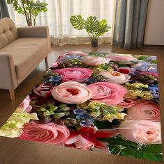 a living room area rug with flowers on it