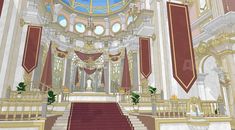 an artist's rendering of the interior of a church with red carpet and gold trim