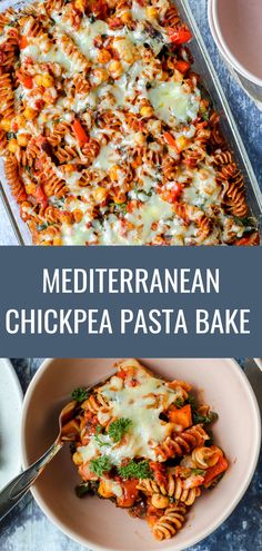 two pictures with different types of food in them and the words mediterranean chicken pasta bake