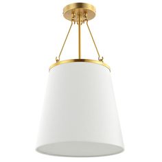 a light fixture with a white shade hanging from it's center point on an isolated ceiling