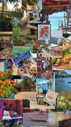 a collage of pictures with flowers and boats