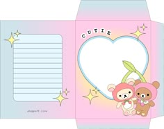 a pink envelope with two teddy bears and a heart