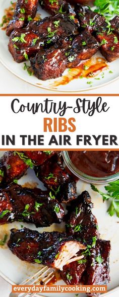 ribs in the air fryer on a plate with parsley and ketchup