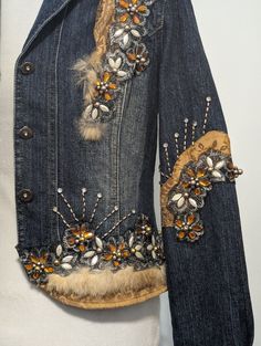 Embellished Beaded Sequins Fox Fur Trim Blue Denim Jacket by WEST 36th Western Rodeo Embroidered Rhinestones Studs - Etsy Cloth Design Ideas, Western Jean Jacket, Upcycled Jeans, Tin Can Crafts