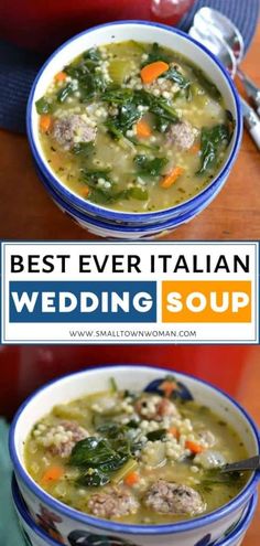 two bowls filled with soup on top of a wooden table