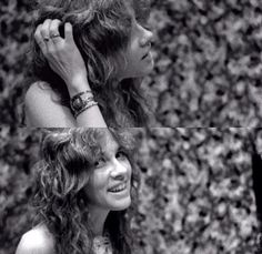 two pictures of a woman with long hair and bracelets on her head, one in black and white