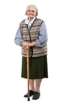 an old woman with a cane standing in front of a white background