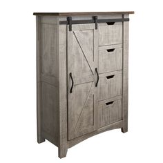 a wooden cabinet with two doors and three drawers