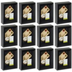 eight clocks are shown in black frames with sticky notes attached to the clock's sides