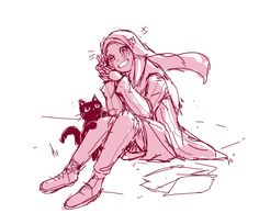 a drawing of a woman sitting on the ground with a cat in front of her