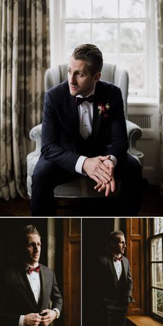 a man in a tuxedo and bow tie sitting on a chair next to a window