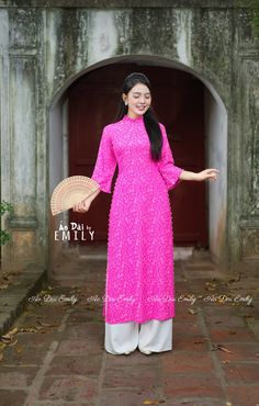 🌸 Material: Lụa gấm Stretchy level: 3/10 🌸 The measurement of this ao dai is in Vietnamese size. American size tends to be bigger for the same size. Please look at the SIZE CHART CAREFULLY before ORDERING. There might have some chalk writings on the fabric, these marks can be washed away. 🌸 No returns or exchanges. Buyer can contact seller about any issues with an order. 🌸 Follow us Facebook/aodaiemily www.aodaiemily.com 💜 Thank you very much💜 Summer Traditional Ao Dai For Parties, Traditional Ao Dai For Summer Party, Summer Party Traditional Ao Dai, Traditional Ao Dai For Spring Party, Spring Party Traditional Ao Dai, Elegant Floor-length Kurta For Spring, Pink Long Maxi Dress For Eid, Floor-length Kurta For Spring Wedding, Pink Maxi Length Kurta For Spring