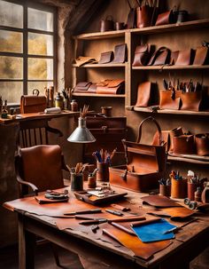 a room filled with lots of different types of leathers on shelves next to a wooden table