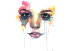 a woman's face is painted with watercolors and has flowers sticking out of her eyes