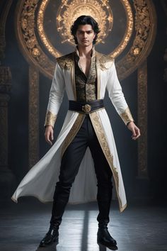 a man dressed in white and gold is posing for the camera with his hands on his hips