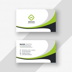 two business cards with green and black lines on the front, back and side view