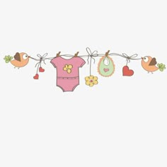 a baby's clothes hanging on a line with birds and hearts in the background