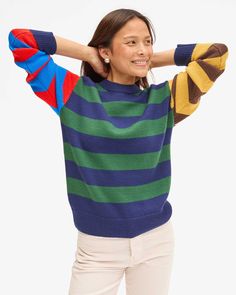 Virginie Sweater on Maly Blue Crew Neck Sweater With Horizontal Stripes, Winter Crew Neck Sweater With Striped Sleeves, Winter Sweater With Striped Sleeves And Crew Neck, Hand Painted Monogram, Brentwood Country Mart, Striped Scarf, Clare V, Clare V., Clutch Pouch