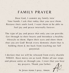 a poem written in black and white with the words'family prayer'on it