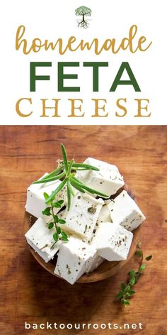 homemade feta cheese in a bowl with herbs