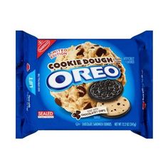 an oreo cookie dough with chocolate chip cookies in it's wrapper on a white background