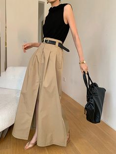 Oversized Cotton Split Maxi Skirt Without Belt – COMMENSE Maxi Dress Skirt Outfit, Old Money Maxi Skirt, Chic Gucci Knee-length Skirt, Buissness Clothes Casual Women Summer, Maxi Skirt Work Outfit, Elegant Skirt Outfits, Casual Maxi Skirt, Split Maxi Skirt, Shanghai Fashion