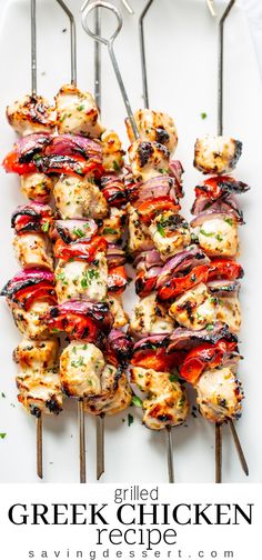 grilled greek chicken kabobs on skewers with text overlay