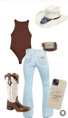 Like this outfit?! Follow DESTINEE 🪶♠️’s page for more! Cowboy Concert Outfits For Women, Rodeo Outfits Summer, Cowgirl Outfits Summer, Cowgirl Inspired Outfit, Jaripeo Fits, Simple Western Outfits, Rodeo Fits, Western Cowgirl Outfits