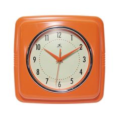 an orange square clock with numbers on the face