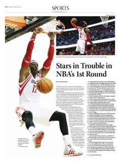 a basketball player dunking the ball in front of an article from sports illustrated magazine