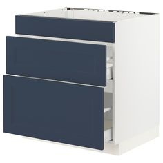 a white and blue kitchen cabinet with two open drawers on the bottom, one drawer closed