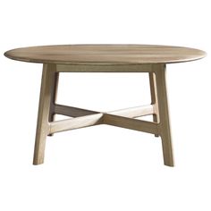 an oval wooden table with two crossed legs and a circular wood top, against a white background