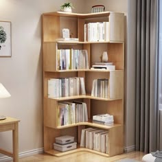 a bookshelf filled with lots of books in a living room next to a window