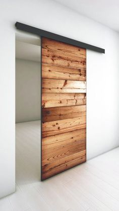 an open wooden door in a white room