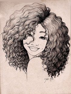 a drawing of a woman with curly hair